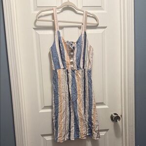 Stylish Striped Midi Dress in Blue, White, and Tan